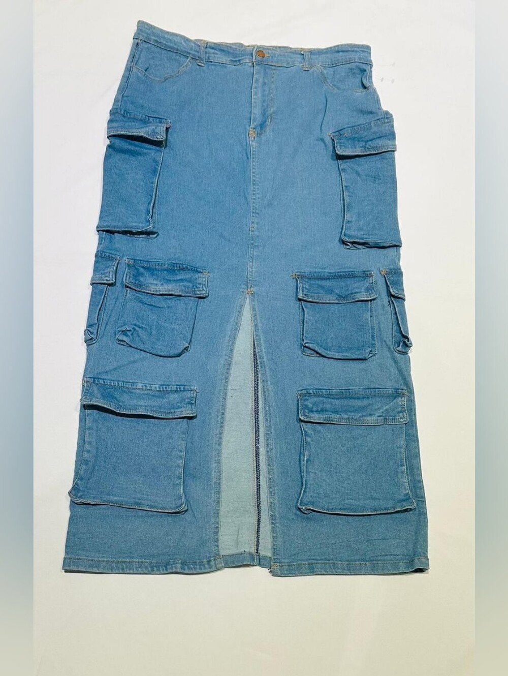 Denim Cargo Maxi Skirt XL Y2K Utility Style Multiple Pockets